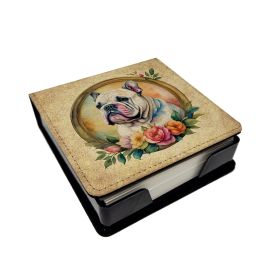 English Bulldog and Flowers PU Leather Note Paper Holder with Artist-Designed Cover, Desk Accessory, Office Gift
