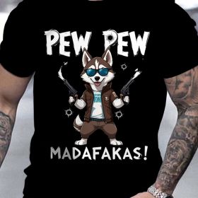 A Men's Polyester Sports T-shirt With A Husky Dog Cartoon And Pew Pew Meme, Round Neck Short Sleeved Regular Style (Color: Black, size: XL)