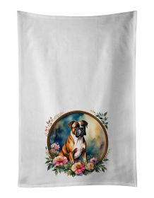 Boxer and Flowers Kitchen Towel Set of 2 White Dish Towels Decorative Bathroom Hand towel for Hand, Face, Hair, Yoga, Tea, Dishcloth, 19 X 28", W (Default: Default)